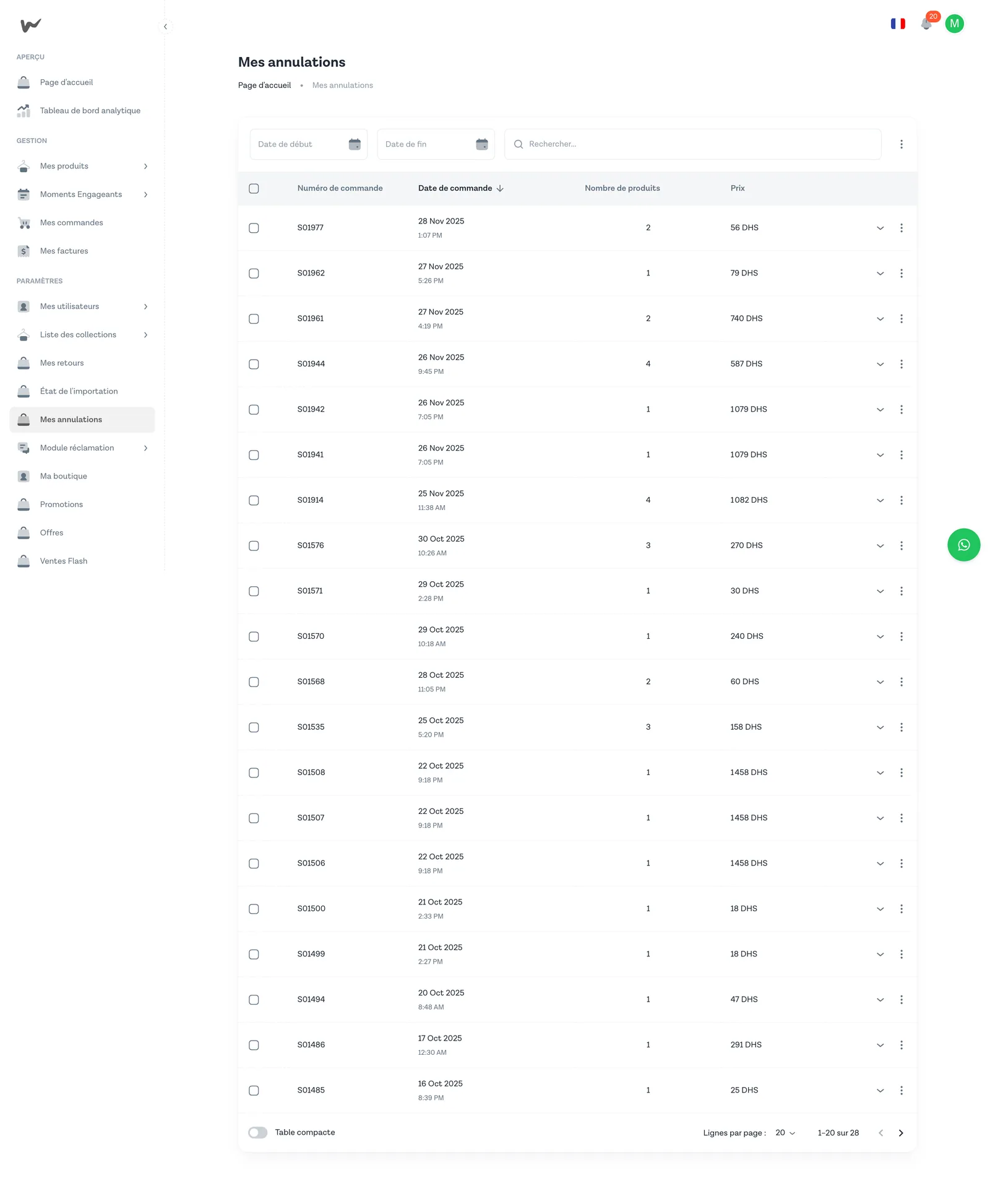 Vue pleine page de la liste des annulations — pagination 20 lignes par page, option table compacte