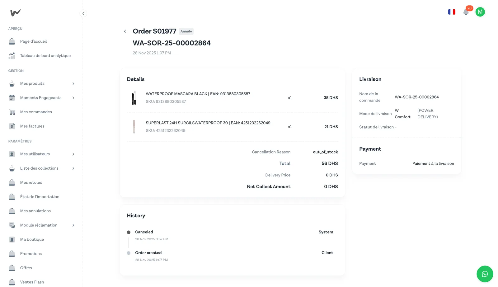 Page détail d'une annulation — motif out_of_stock, historique System/Client, Net Collect Amount 0 DHS