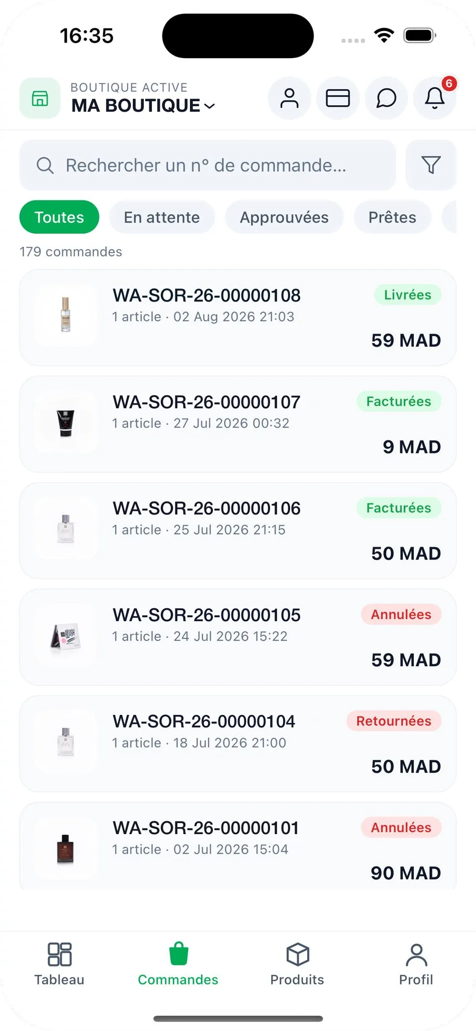 Order list in the Wasal seller app, filterable by status, showing order number, date, amount and a status badge: Delivered, Invoiced, Cancelled or Returned