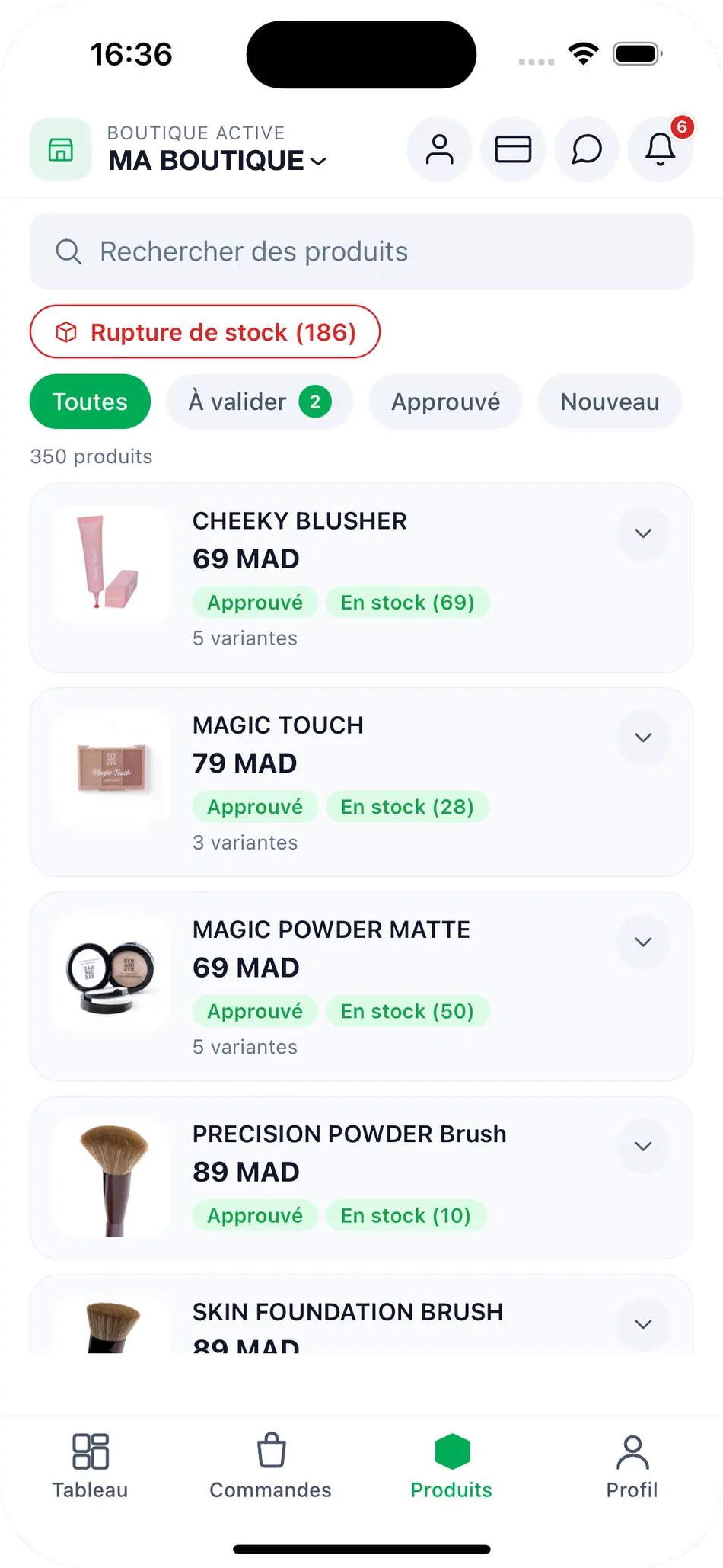 Product catalogue in the Wasal seller app with an Out of stock filter, tabs for All, To validate, Approved and New, and each product's price, status and stock