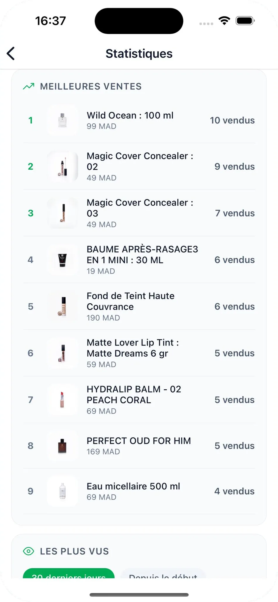 Statistics screen of the Wasal seller app: best-sellers ranking with prices and units sold, followed by the most-viewed products section