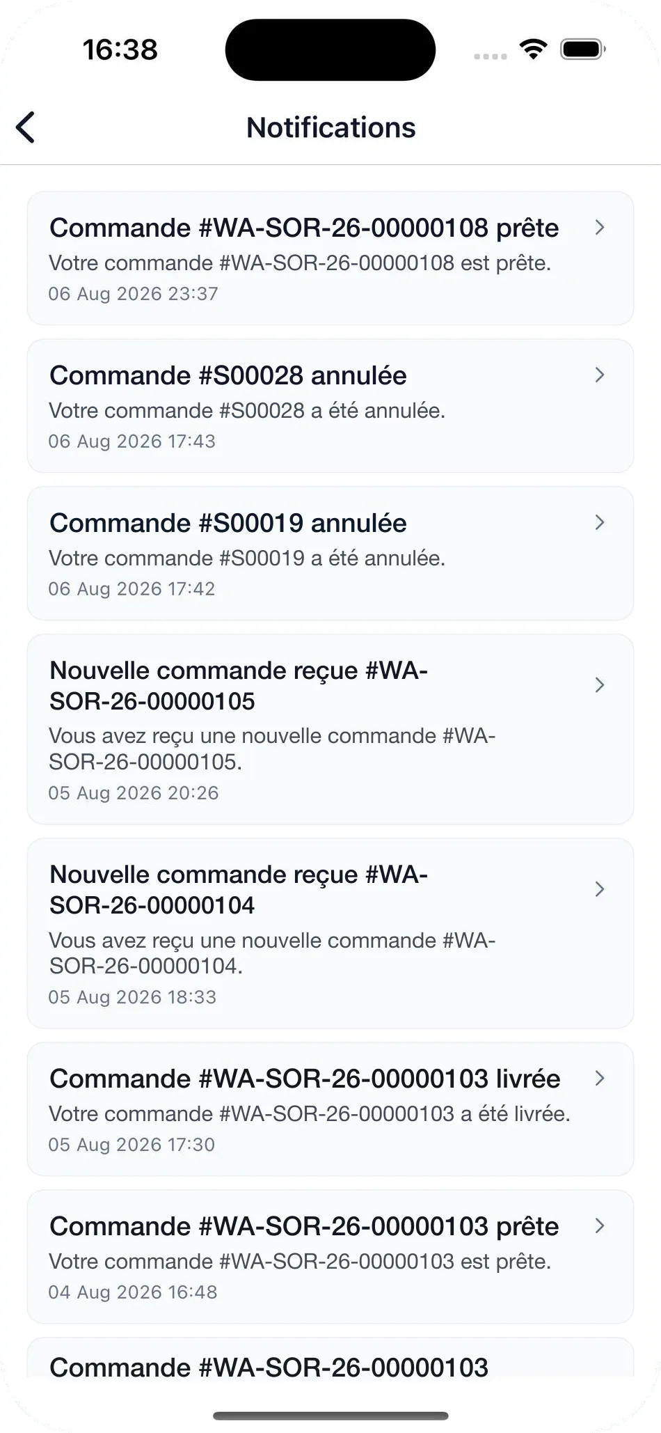 Notification centre of the Wasal seller app: new orders received, orders ready, delivered or cancelled, each with a timestamp