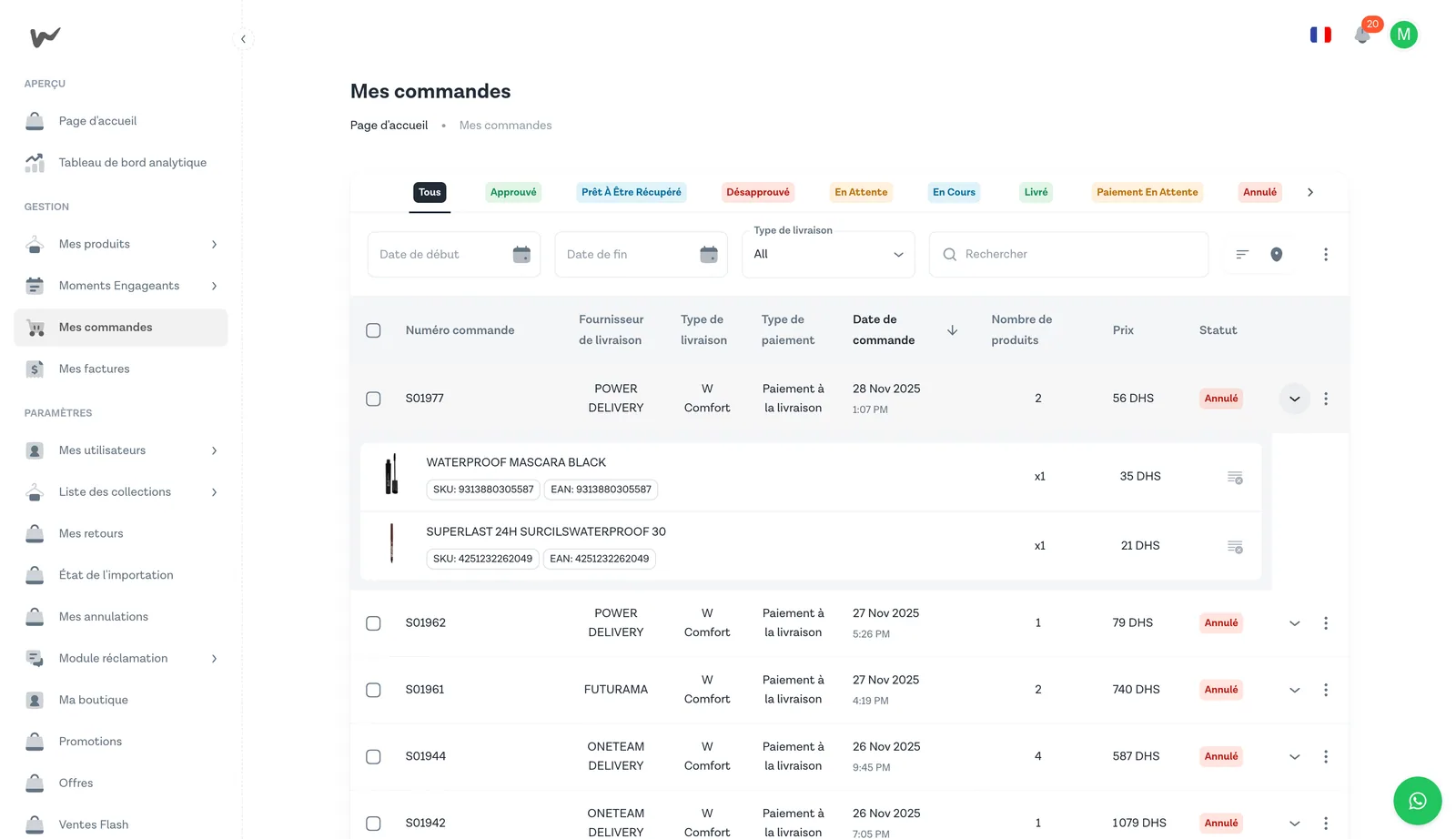 Détail inline d'une commande — produits, SKU, EAN, quantité, prix