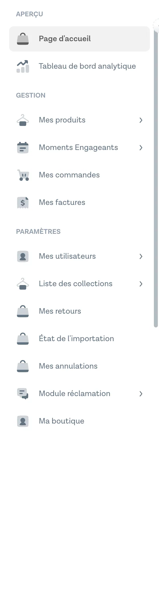 Sidebar de navigation complète du Seller Portal Wasal