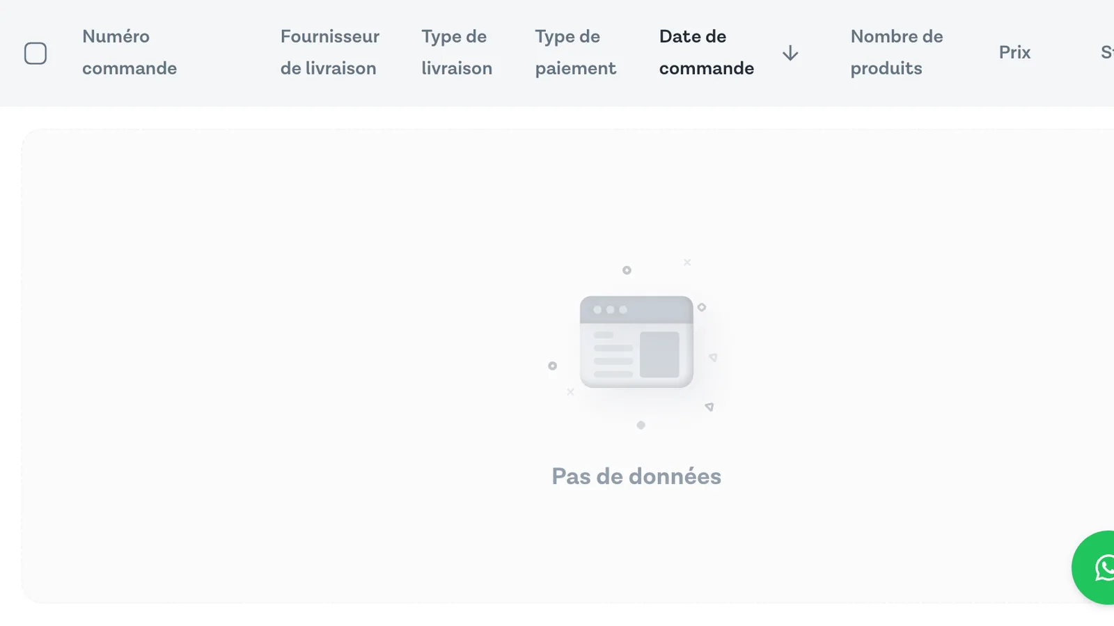 Tableau des commandes avec onglets de filtres par statut