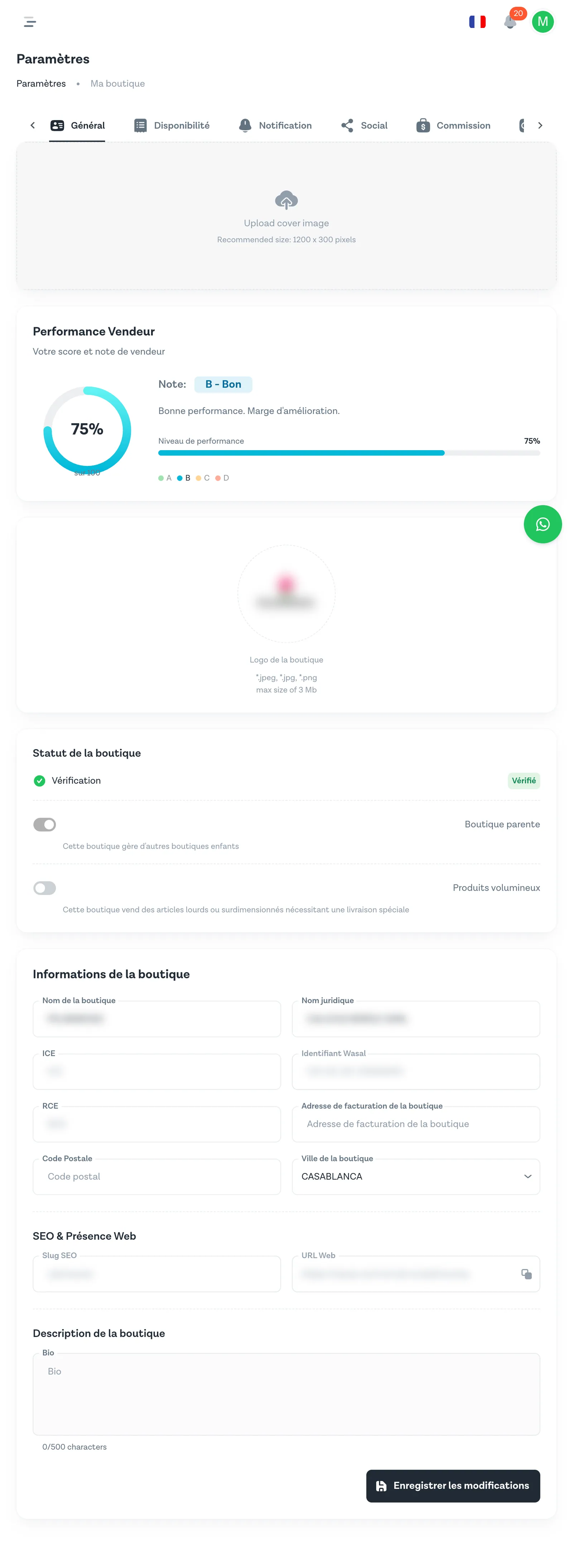 Onglet Général des paramètres de boutique Wasal — visuels, informations et SEO