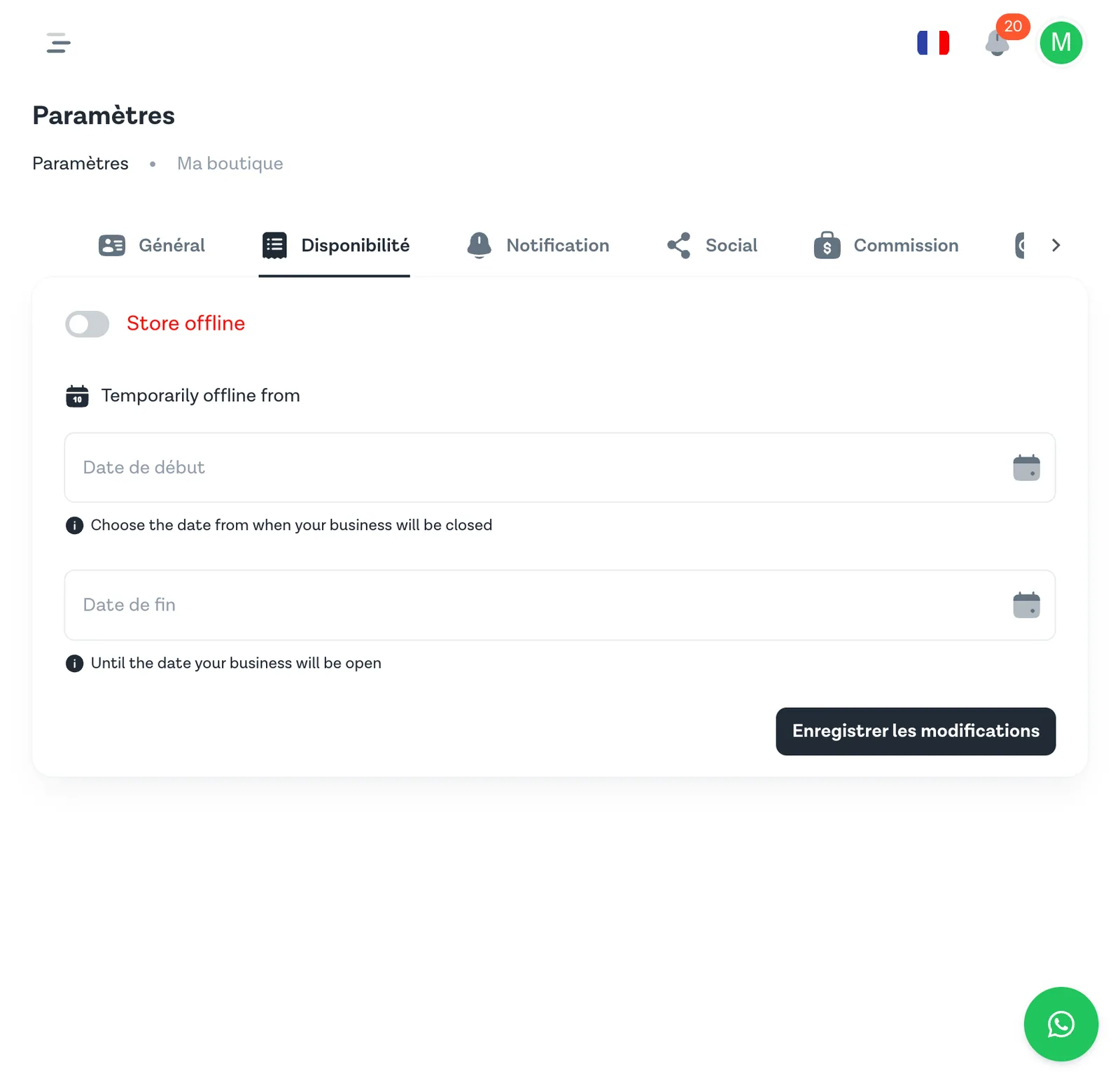 Onglet Disponibilité — toggle Store offline avec dates de début et fin