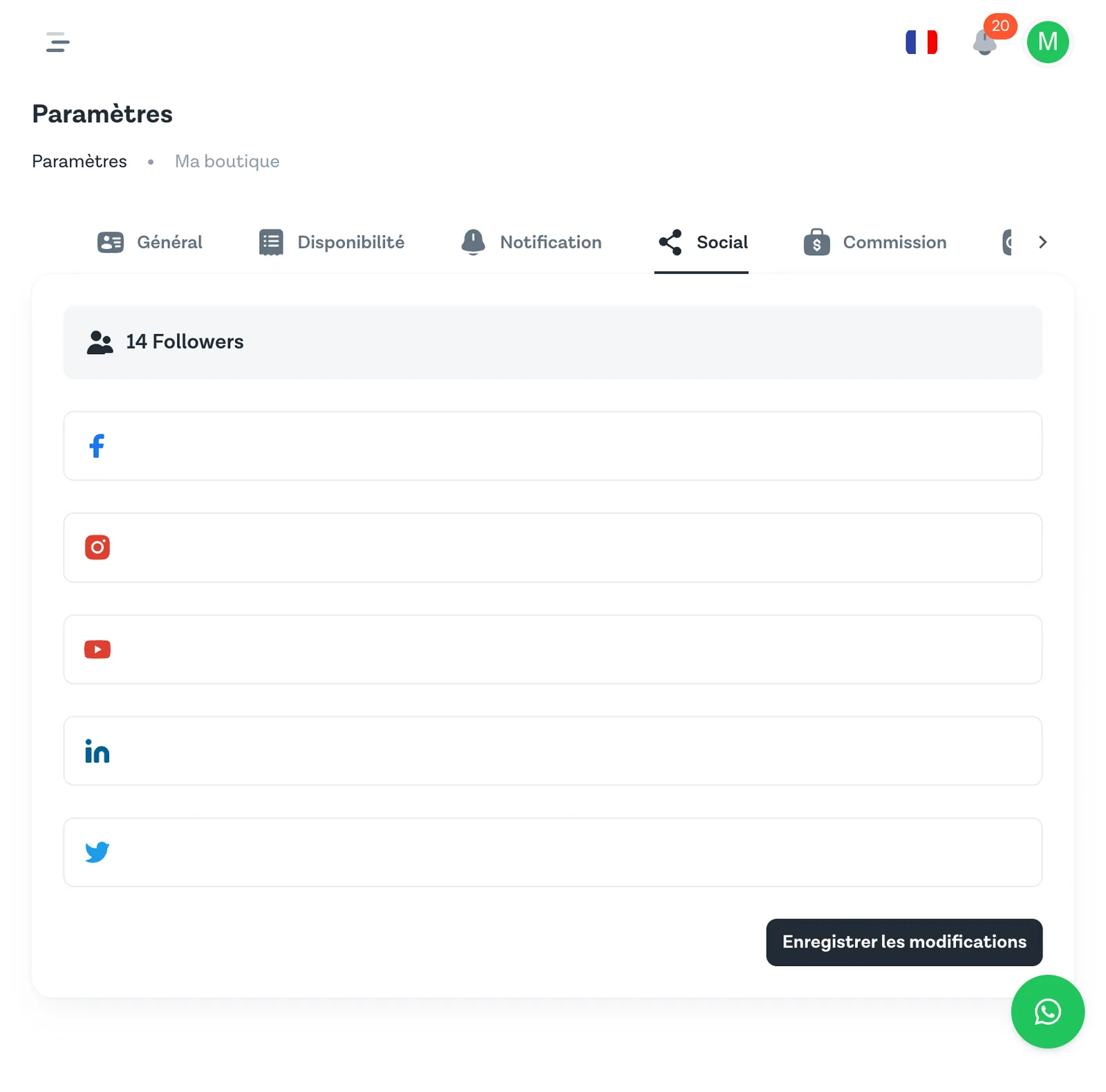 Onglet Social — champs URL pour Facebook, Instagram, YouTube, LinkedIn et X