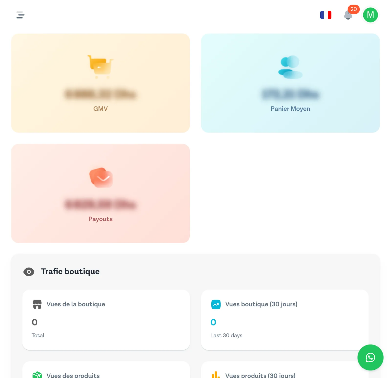 Tableau de bord Analytics avec les métriques GMV, Panier Moyen et Payouts ainsi que le graphique Payouts sur 7 jours