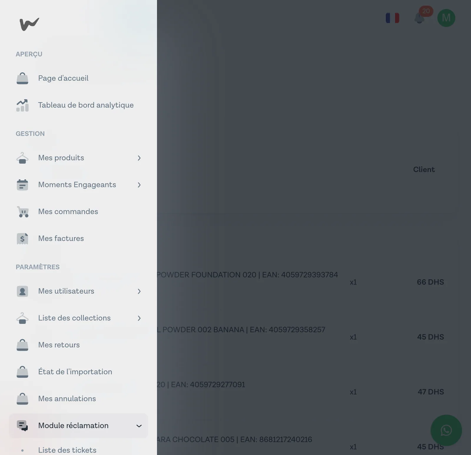 Sous-menu Module réclamation déployé avec les entrées Liste des tickets et Nouveau ticket
