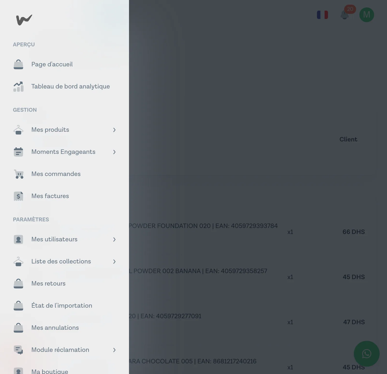 Sidebar du portail vendeur Wasal avec la section PARAMÈTRES fermée