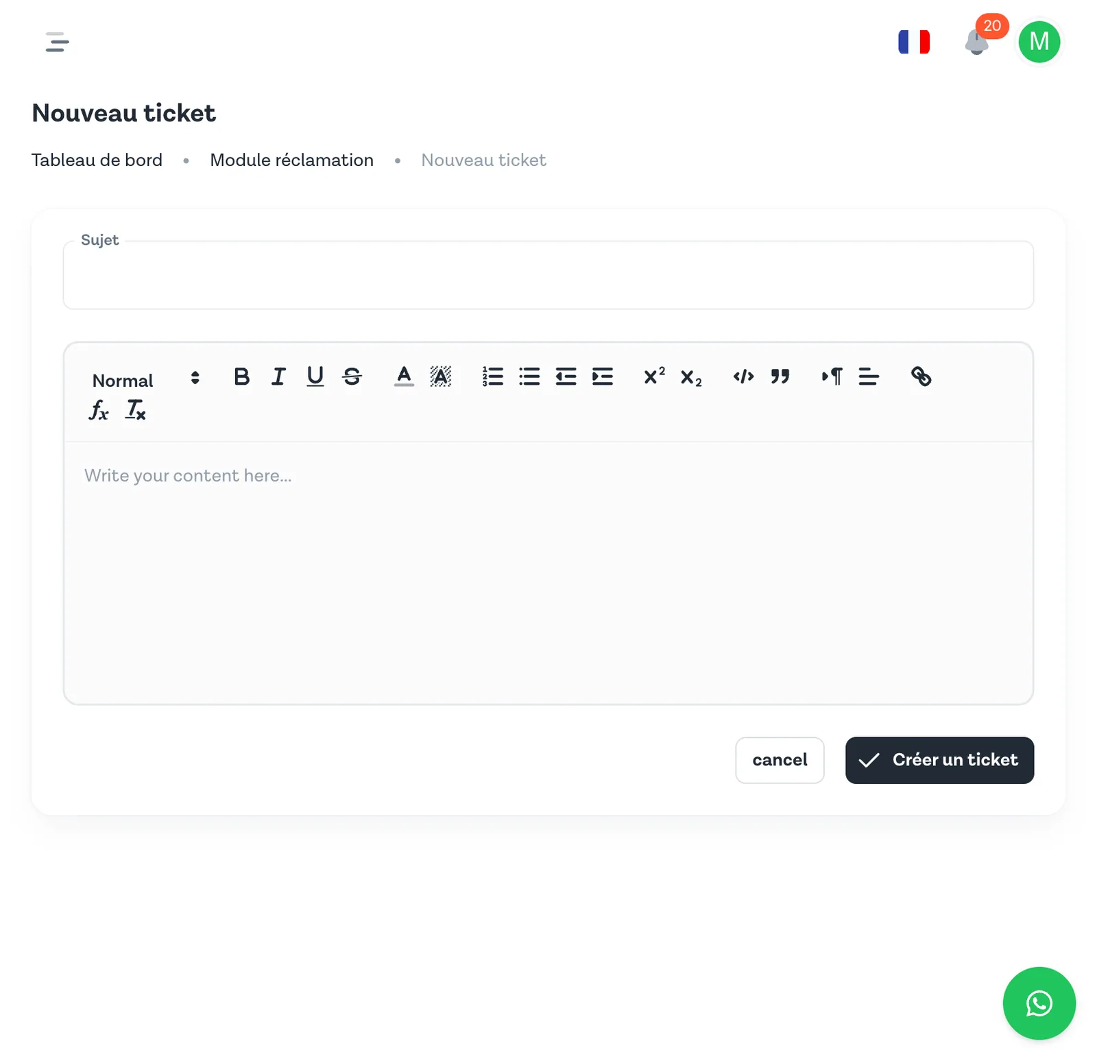 Formulaire Nouveau ticket avec les champs Sujet et Description