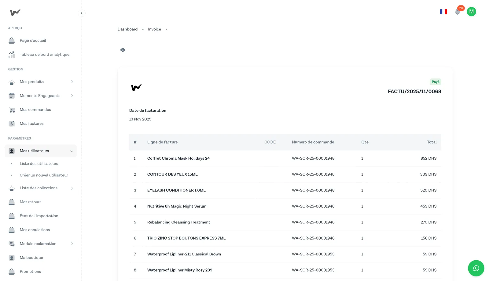 Sidebar du Seller Portal avec le menu Mes utilisateurs déplié, montrant les deux sous-menus Liste et Créer
